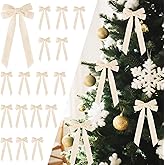 Senjie 16Pcs Velvet Ribbon Bows for Christmas Tree, Vintage Rustic Small Craft Bows Ornaments for Garland Wreath Gift Wrapping Candy Bags Party DIY Decorations (Beige, 5" x 10", Width of 1")