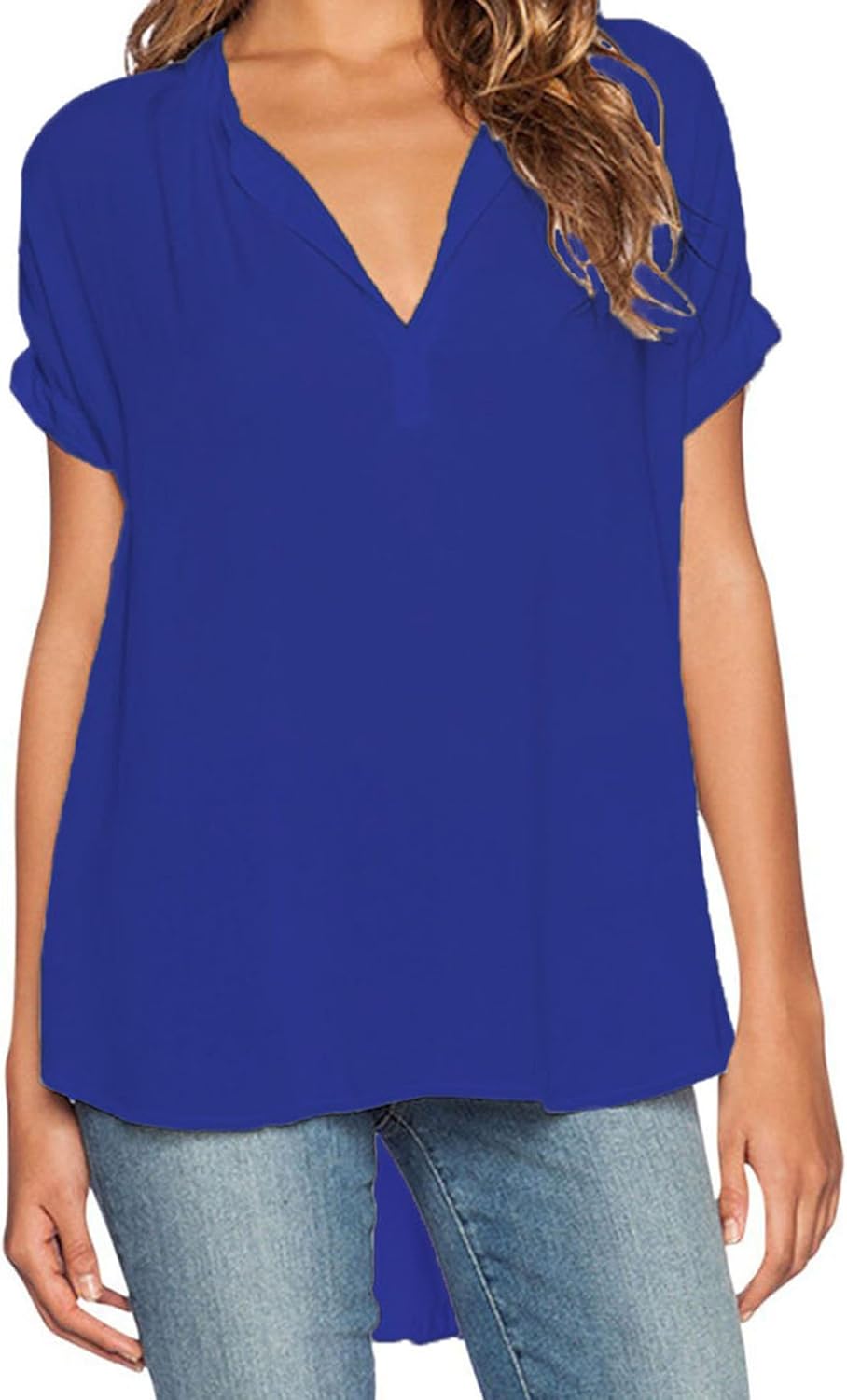 Elevesee Camisa Mujer Pulóver Chiffon Blouse Escote V Azul Manga Corta