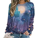 ZOCAVIA Womens Funny Cat Sweatshirts Fall Casual Crewneck Pullover Tops Vintage Forest Graphic Long Sleeve T Shirts Oversized