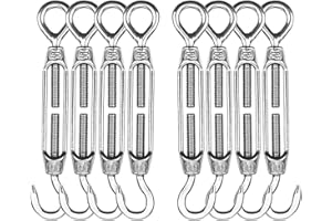 Turnbuckles Hook, Reedny 304 Stainless Steel Turnbuckle Heavy Duty M4 M6 M8 Hook and Eye Turnbuckle for Cables Wire Rope Tension 5/32" 1/4" 5/16" for Sun Shade Fence Tent Rope Installation(M4, 8Pcs)