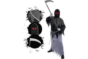 Snirczs Adult Grim Reaper Costume with Glowing Red Eyes, Faceless Hooded Robe, Detachable Scythe, Long-Finger Gloves, Chain