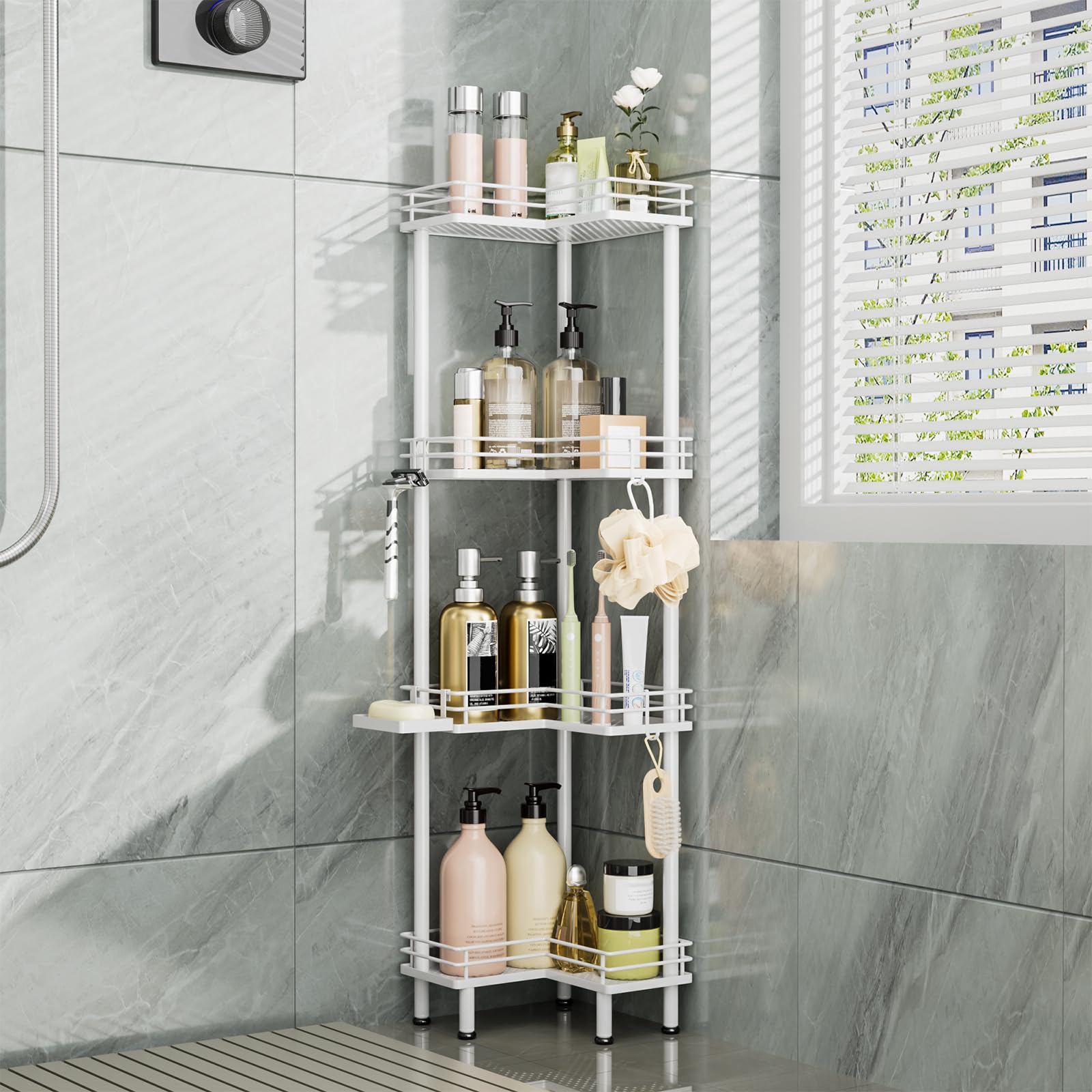 Photo 1 of Consumest Corner Shower Caddy Standing - 4-Tier Stainless Steel Shower Organizer with Soap Holder and 4 Hooks, Large Capacity Corner Shelf Stand for Bathroom, Rest Room, White