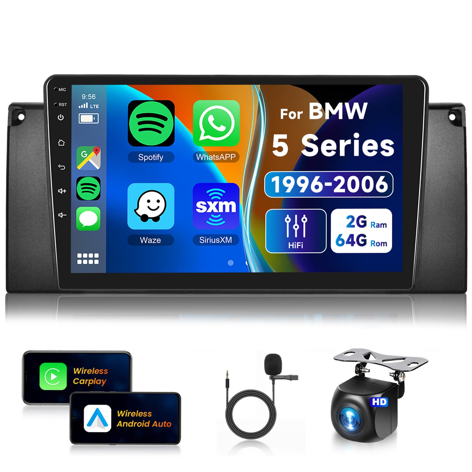 Photo 1 of 2+64G Car Stereo for BMW 5 Series X5 E39 E53 M5 1996-2006 ???? ?-?? Radio,Wireless Carplay/Android Auto,Android Car Stereo 9" GPS/WiFi/Bluetooth/FM/Mirror Link/SWC+Backup Camera for BMW