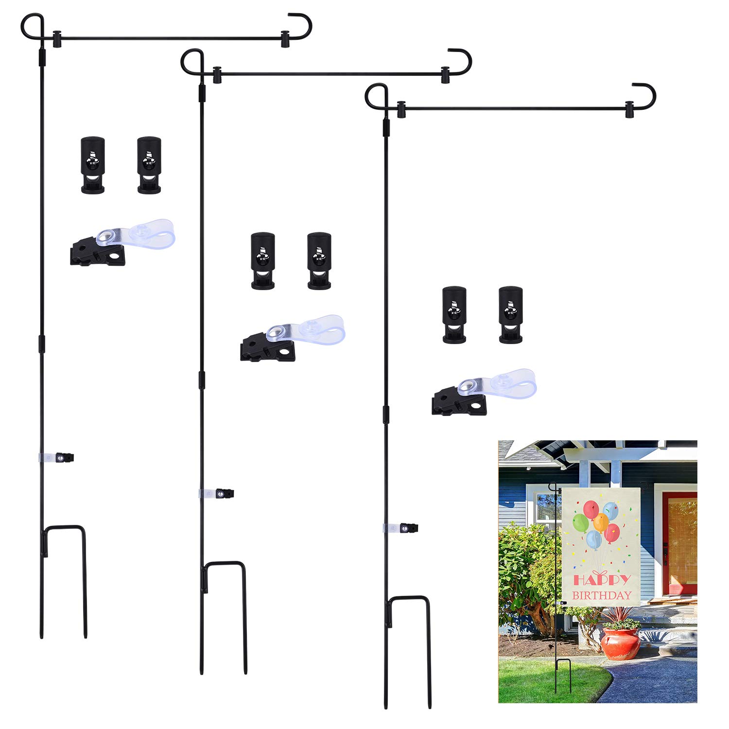 FEPITO 3 Pack Metal Garden Flag Holder with Anti-Wind Clip for Outdoor Decorative Flag