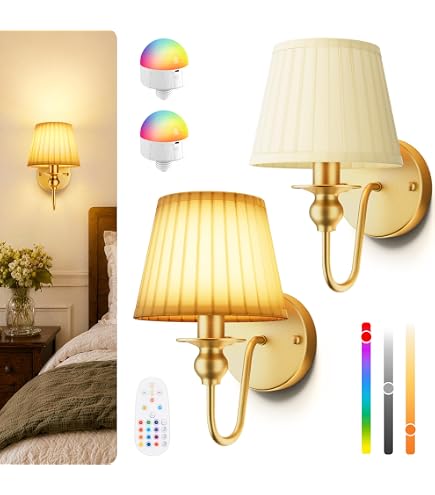 Terleenart Swing Arm Battery Operated Wall Sconce Set Of 2 – Wireless, Rechargeable, Dimmable, RGB & 3 Color Temps, Remote & Timer, Black Fabric Shade