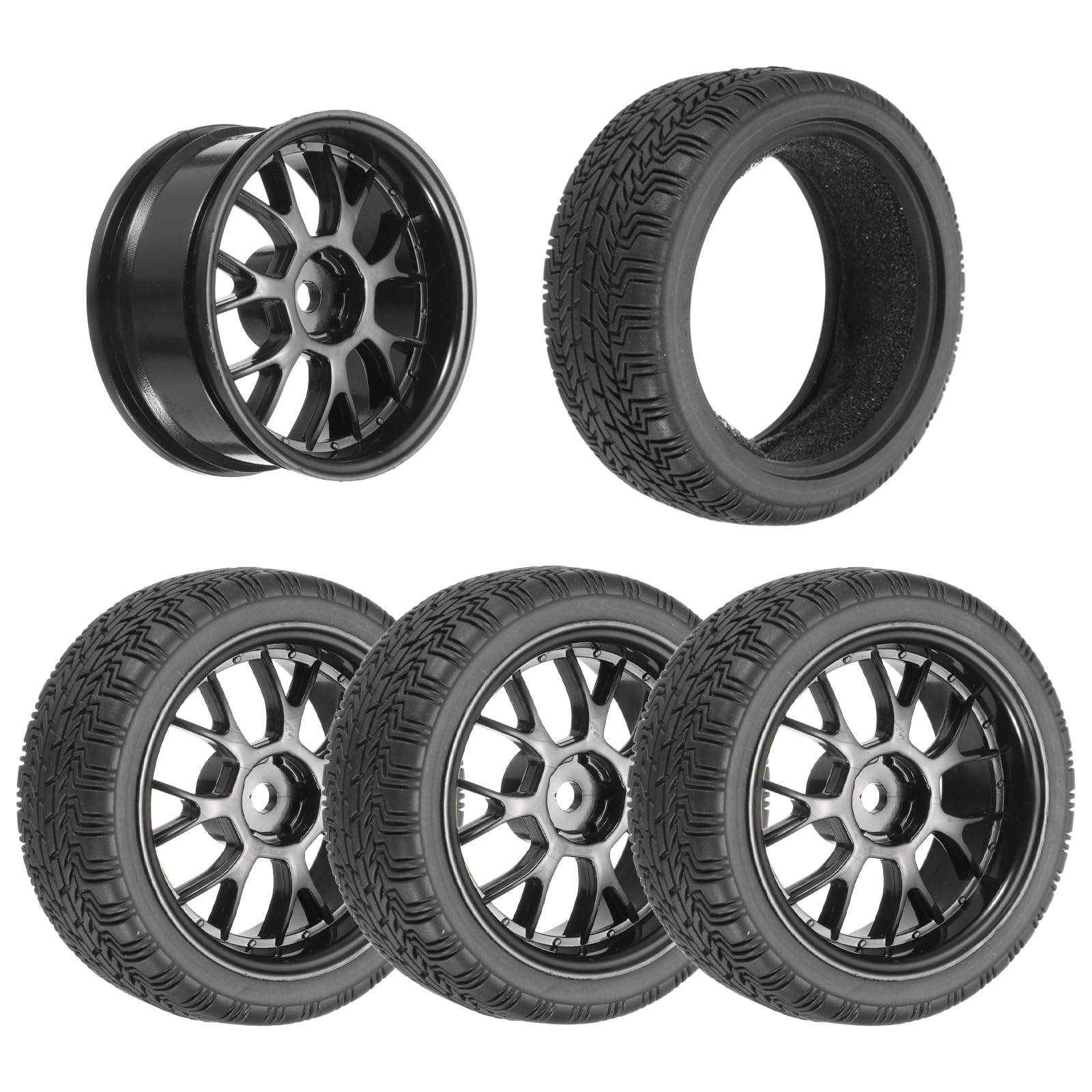 sourcing map 4-Pair High-Grip RC Car Tire & Wheel Set for 1/10 Scale On-Road Touring Cars - Soft Rubber Tyres with 12mm Hubs, Black, Type I