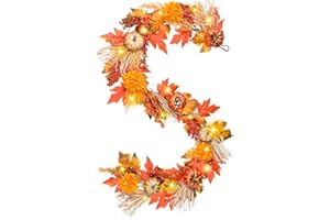 Pumpkin Garland, Colorspec 6FT Maple Fall Garland with Lights 30 LED, Pumpkin Flower Harvest Handmade Autumn Fall Leaves Garland for Home Indoor Outdoor Halloween Thanksgiving Decoration