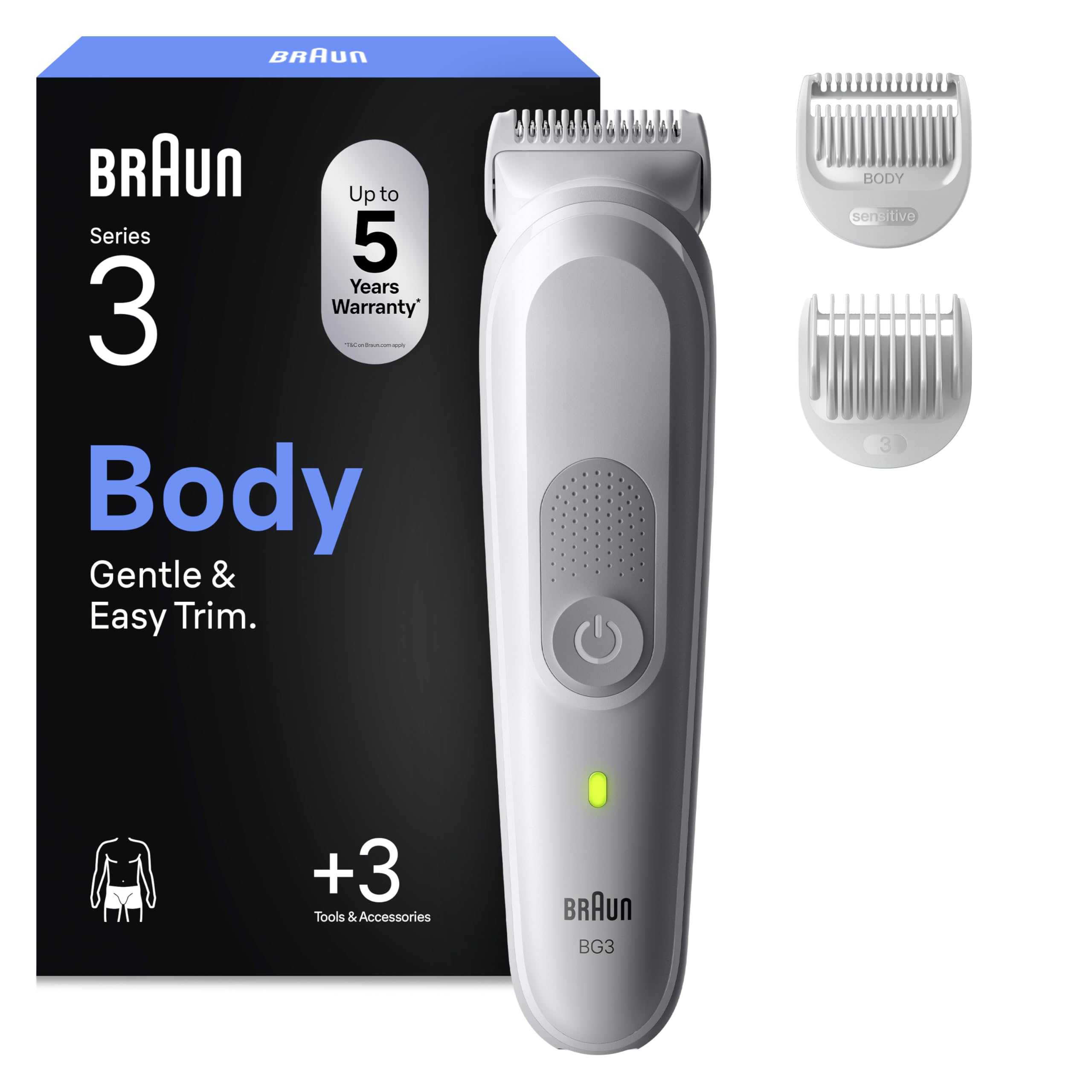 Braun Bodygroomer Series 3, Elektrischer Körperrasierer Herren mit 3 Zubehörteile, Kabelloser Trimmer für Intimbereich und Körper, 80 Min Akku, Wasserdichter Körperhaartrimmer, BG3530, Grau