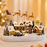 MUMTOP Christmas Houses, Animated Christmas Village with Santa Sleigh | Lighted Moving Christmas Village Set with Flying Santa Sleigh and Reindeer,Musical Collectible Buildings for Home Decor,Gifts