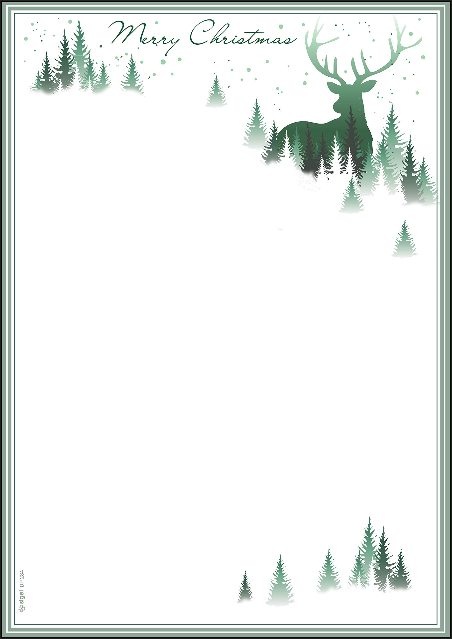 SIGEL DP284 Christmas writing paper, woods and deer, 21 x 29,7 cm, 90g/m², White and Green, 25 sheets