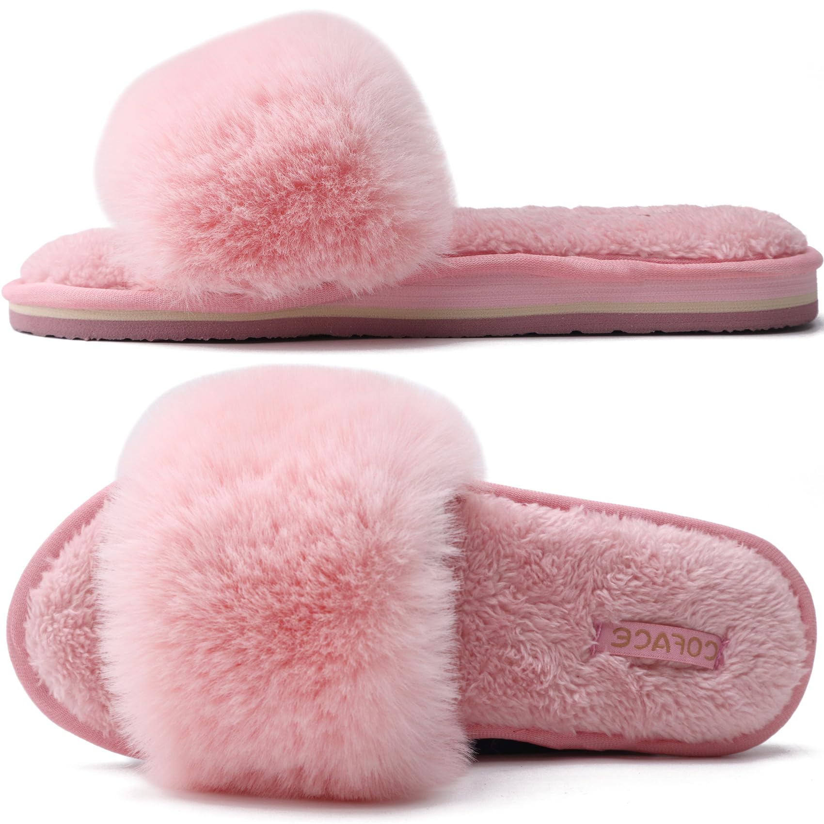 Photo 1 of COFACE Womens Fuzzy Slippers Open Toe Fluff Woman House Slippers with Arch Support Plantar Fasciitis Ladies Orthopedic Slippers Faux Fur Slides Indoor Size 8 Pink Gifts-for-women