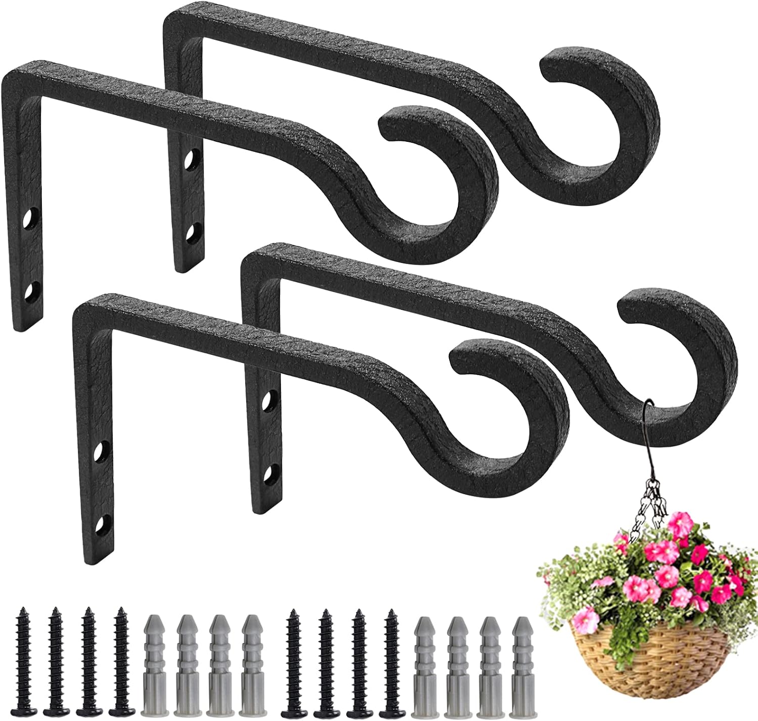 Outdoor Hanging Brackets - Hanging Plant Bracket for Wall Hooks, 6 Inch Metal Plant Hook Decorative Wall Plant Bracket for Hanging Bird Feeders, Flower Baske, Lanterns, Wind Chimes, Home Decor Indoor & Outdoor 4 Pack, Black