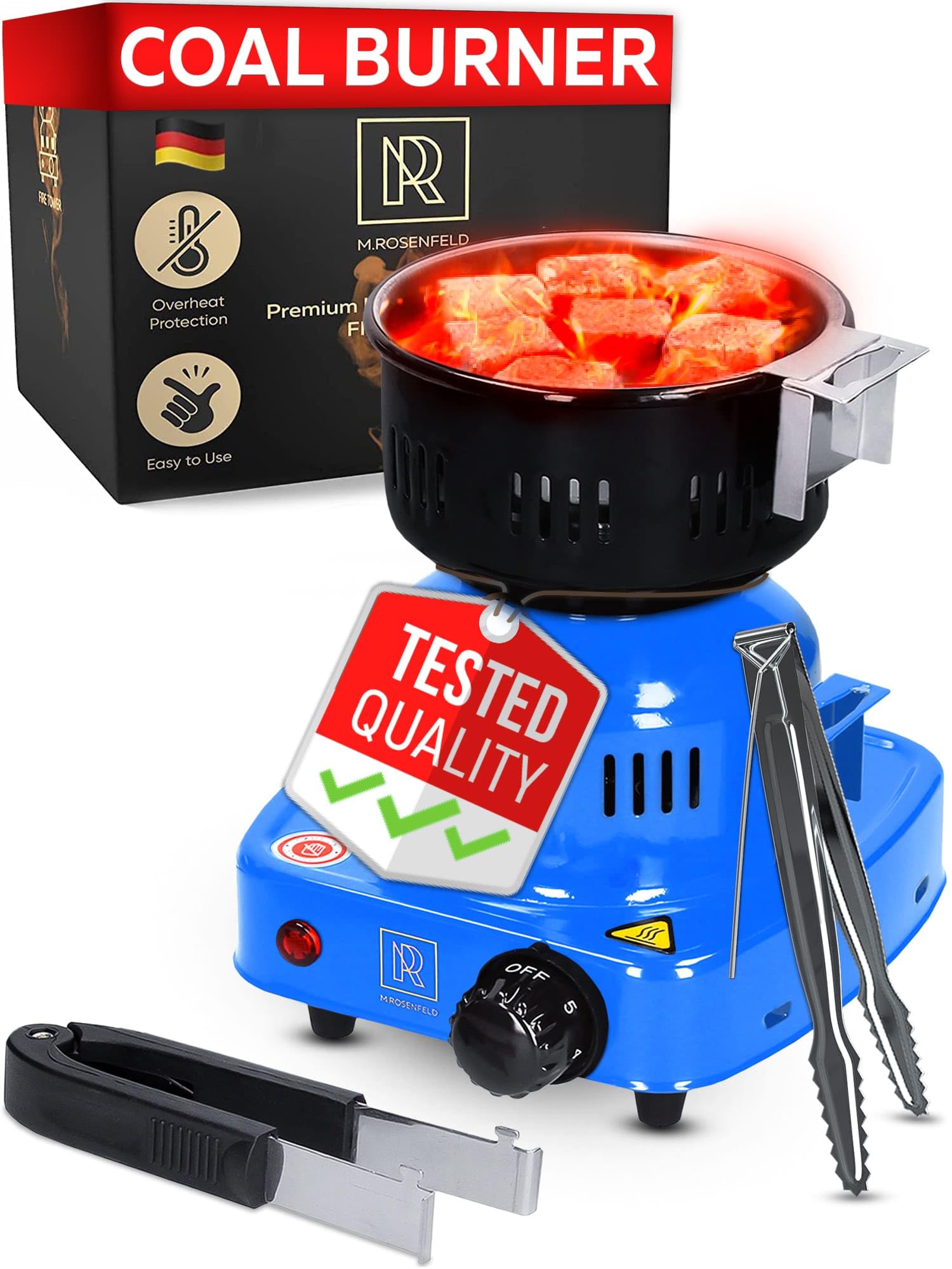 Photo 1 of Blue Multipurpose Electric Charcoal Starter - Hot Plate Burner With Tongs - 450W Fire Starter - 304 Stainless Steel Coconut Charcoal Lighters and Starter Cubes