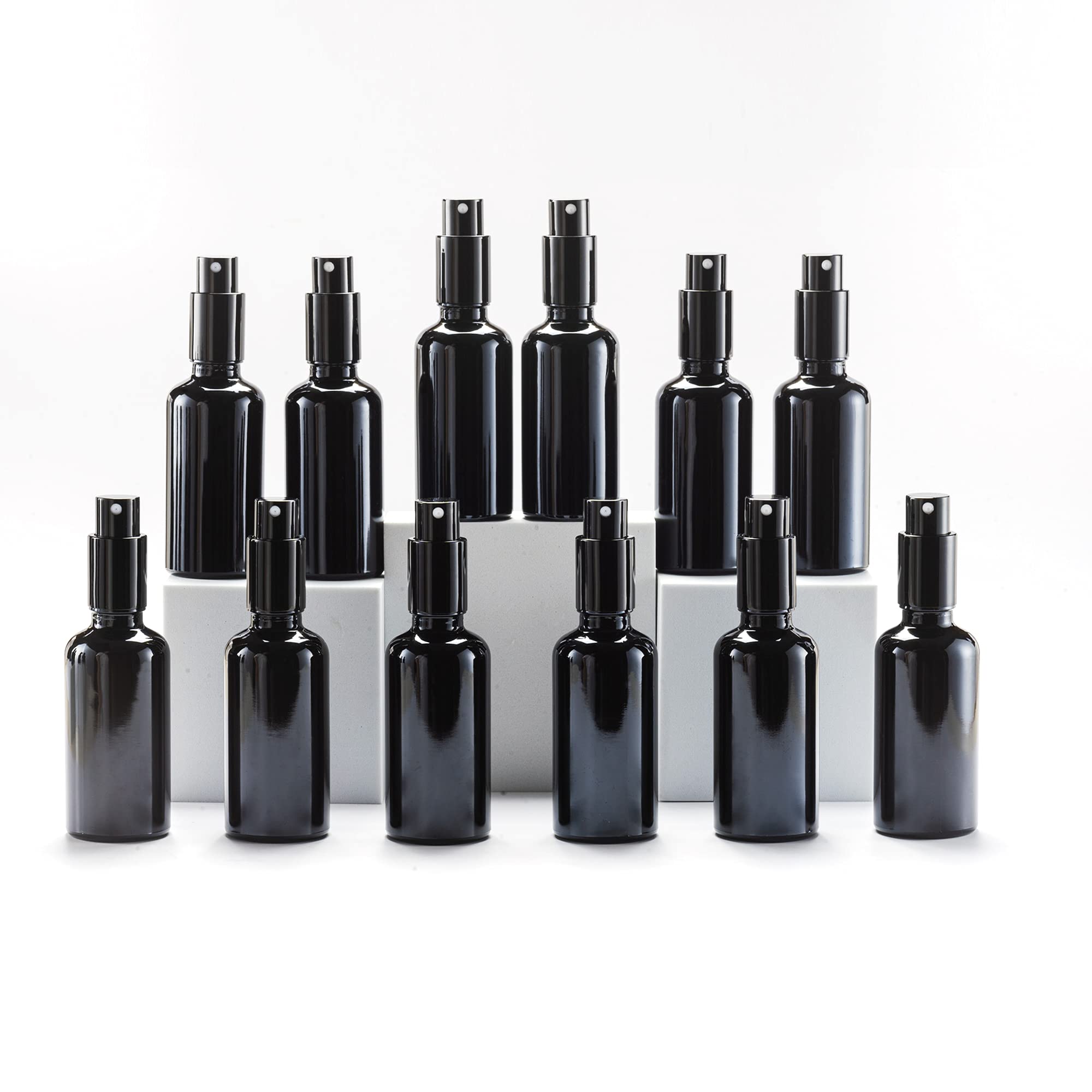 Photo 1 of YIZHAO Black Glass Spray Bottles 2oz, with Small Fine Mist Spray, Metal Cap, Refillable for Essential Oil,Travel,Cleaning,Perfume,Aromatherapy,Makeup – 12 Pcs