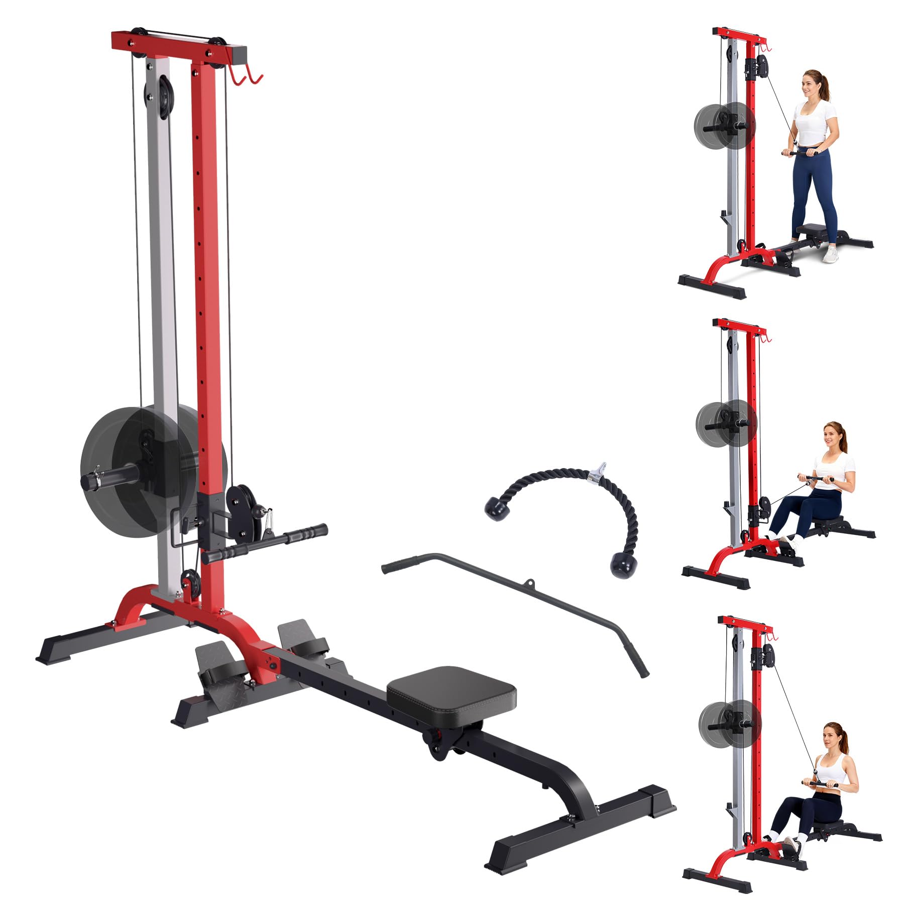 Photo 1 of 2 in 1 Rowing & Cable Machine, LAT Pull Down with Adjustable Weight and Seat, High and Low Pulley Station, LAT Bar and Cable Bar Multi-Function Compact Rowing Machine for Home Gym, Black+Red