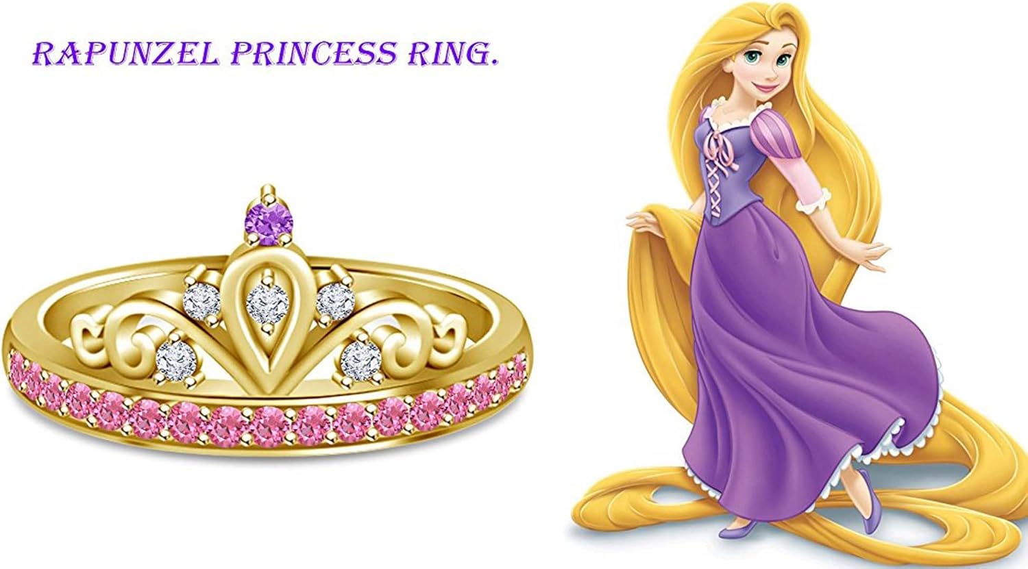 RSJ Global 14k Yellow Gold Plated Alloy MultiColor Rapunzel Princess crown ring Wedding Ring
