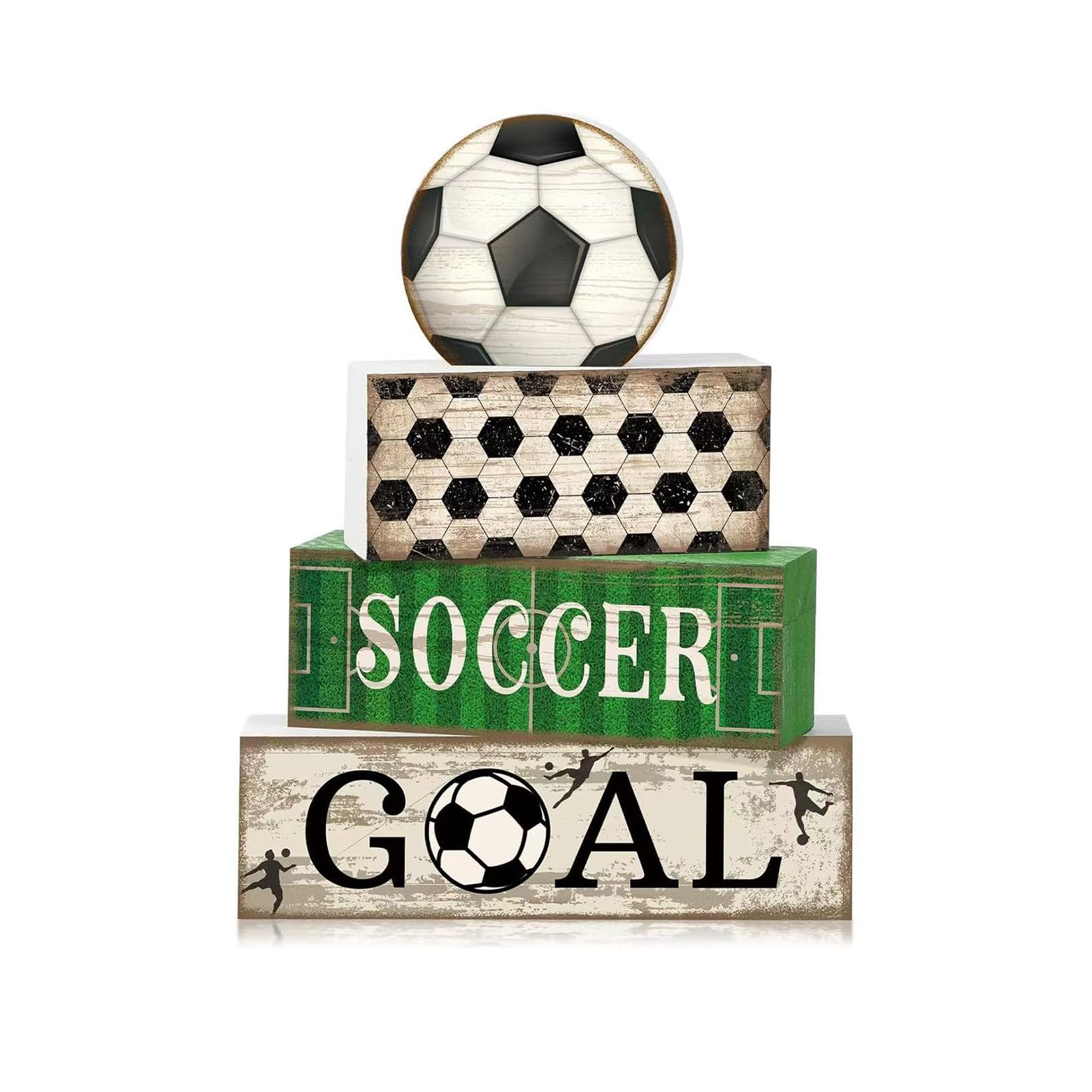 Photo 1 of 4 Pcs Soccer Table Decor, Wooden Soccer Theme Decoration, Sports Centerpiece, Boys Room Tiered Tray Decor, Decorative Block Signs Gift for Farmhouse Home Kitchen Party Bar Game Watching