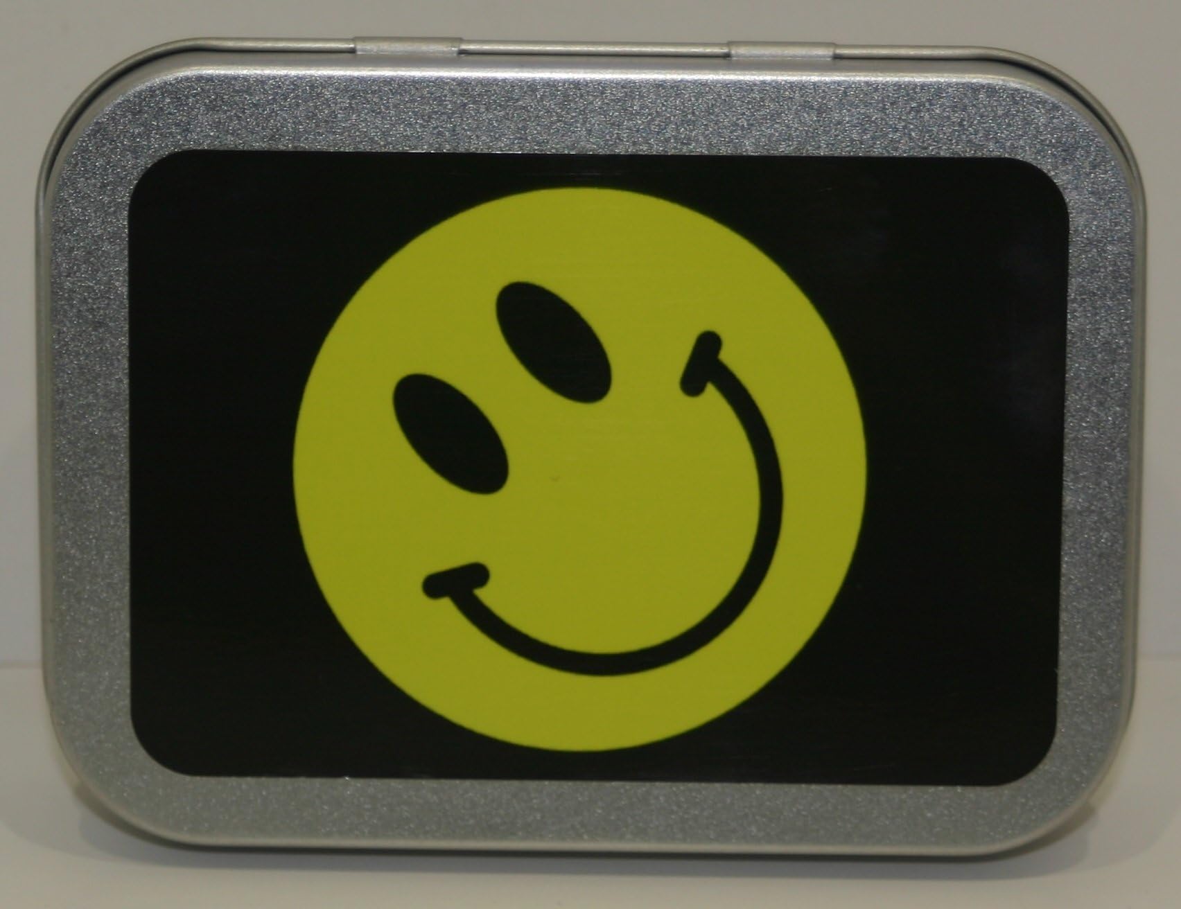 Happy Smiley Face Happy Rave Dance EDM DJ Pills Thrills & Bellyaches Party E Silver Hinged Lid 2oz Tobacco Storage Tin