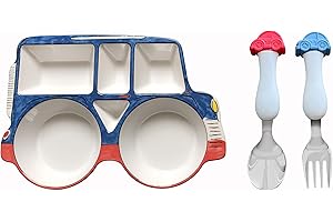 ARI MES - Car Plate for Toddlers with Spoon and Fork - Fun Toddler Plates for Picky Eaters - BPA-Free Toddler Car Plate Set - Divided Car Shaped Plate and Utensils for Kids - Toddler Dinnerware Set