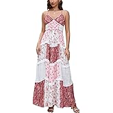 Women Floral Patchwork Maxi Dress V Neck Sleeveless Cross Back Spaghetti Strap Tiered Sundress Summer Long Dress