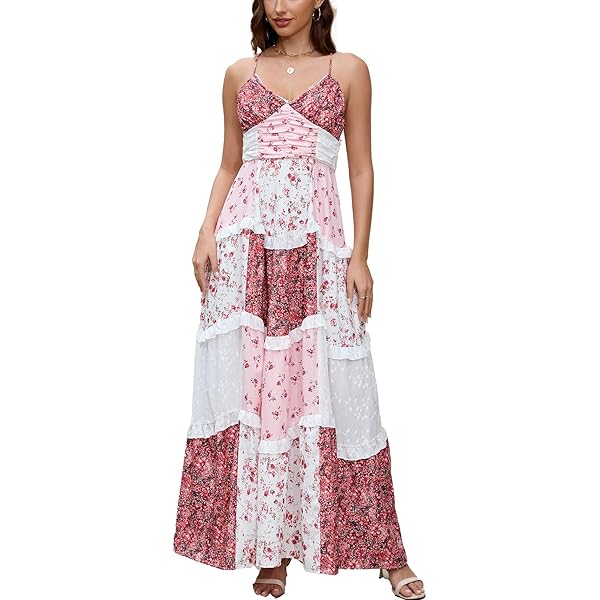 Floral Maxi Dress, Women Floral Maxi Dress Lace Patchwork Spaghetti Strap V  Neck Beach Dre-Ss (Pink