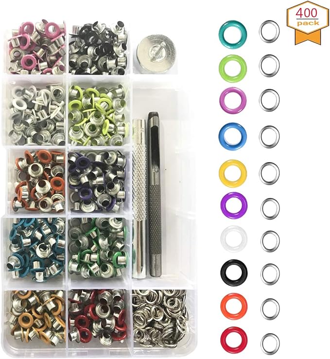 Grommets Kit, 1/5 inch 400 Sets MultiColor Grommets Kit Metal Eyelets