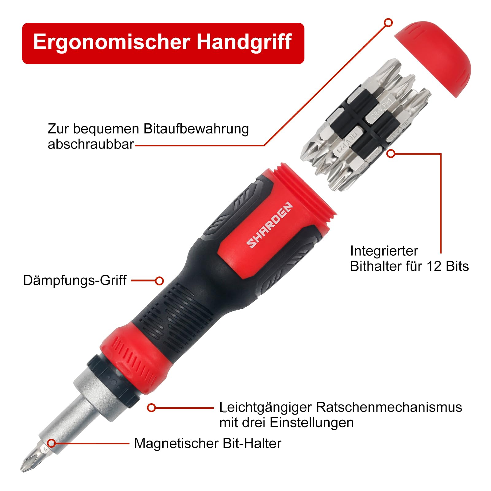 SHARDEN Ratschen Schraubendreher 13-in-1 Ratschen-Schraubendreher Multibit-Schraubendreher Multitool All in One mit Torx, Schlitz, Kreuzschlitz, Sechskant,Pozidriv und 1/4 Mutternschl¨¹ssel 2