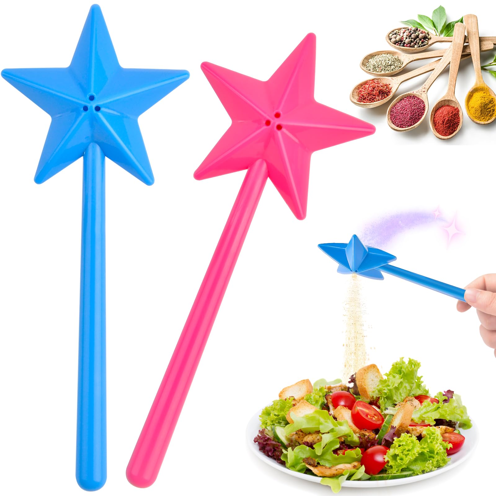 Pipihome Salt and Pepper Shaker Sets, 2pcs Magic Wand Salt & Pepper Shakers, Novelty Salt Shaker Stick Star Shaped Fairy Wand Spice Shaker Seasoning Dispenser Condiment Set