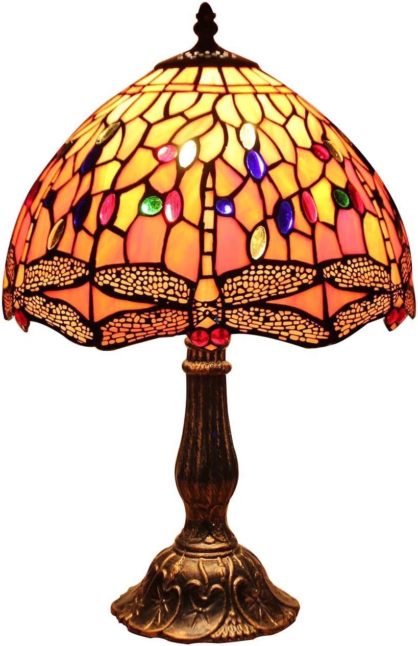 Bieye L10640 Dragonfly Tiffany Style Stained Glass Table Lamp Night Light with 12 inch Wide Lampshade and Metal Base, Orange, 18 inch Tall