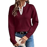 SHENHE Women's Lace Peplum Sweater V Neck Long Sleeve Elegant Fall Cozy Sweaters Pullover