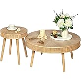 RUSTOWN 2-Piece Farmhouse Coffee Table, Modern Rustic Sofa Side Tea Tables, Solid Wood Finish with Crafted Rattan Side and En
