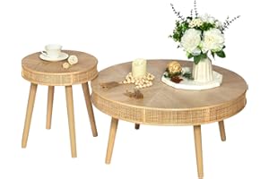 RUSTOWN 2-Piece Farmhouse Coffee Table, Modern Rustic Sofa Side Tea Tables, Solid Wood Finish with Crafted Rattan Side and End Table Sets for Living Room (Natural)