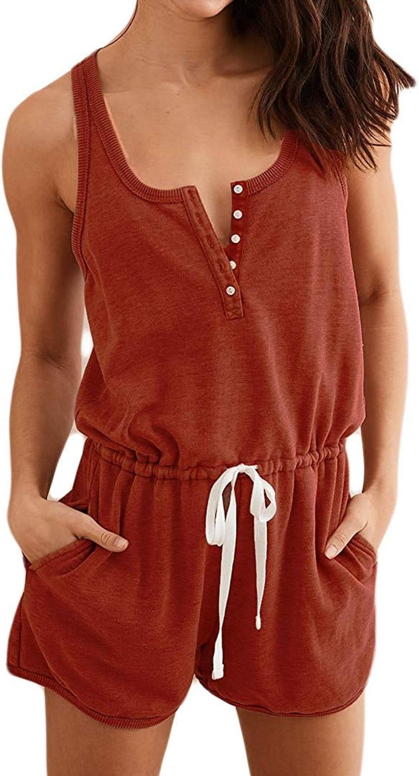 MILLCHIC Women's Jumpsuits Sleeveless Button Down Elastic Waisted Short Rompers with Pockets