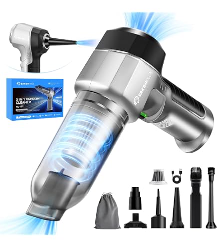 SakerPlus Mini 3-in-1 Cordless Car Vacuum - 18000Pa Suction, Blower & Inflator, 7800mAh Battery, Washable HEPA Filter (Silver/Purple) - View #5