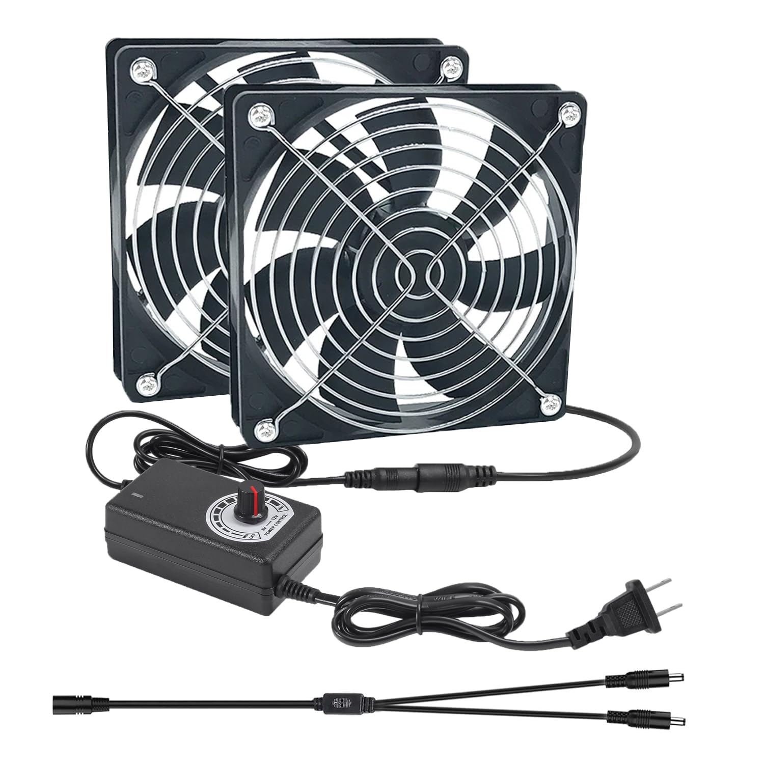 Photo 1 of ALMOCN 2 x 120mm Computer Fan with AC Plug 110V 220V AC Powered Fan with DC 3V to 12V Speed Controller for Receiver Amplifier Computer Case Cooler Component Cooling, 120 x 25mm