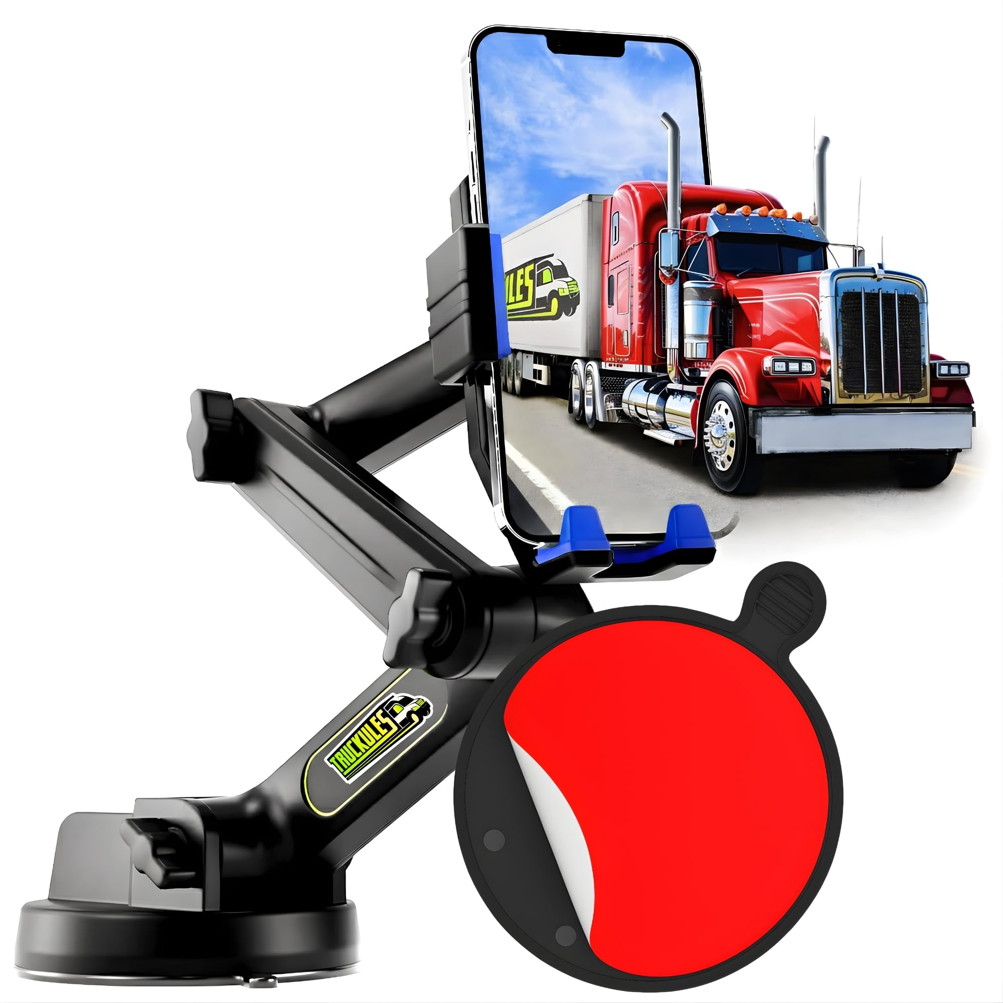 Cell Phone Mount for Truck Phone Holder for Truck Drivers - Heavy Duty Suction Cup + Dashboard Pad, iPhone Holder for Dashboard Window 16.9 inch Long, for iPhone & Samsung, Big Rig Trucker, Blue