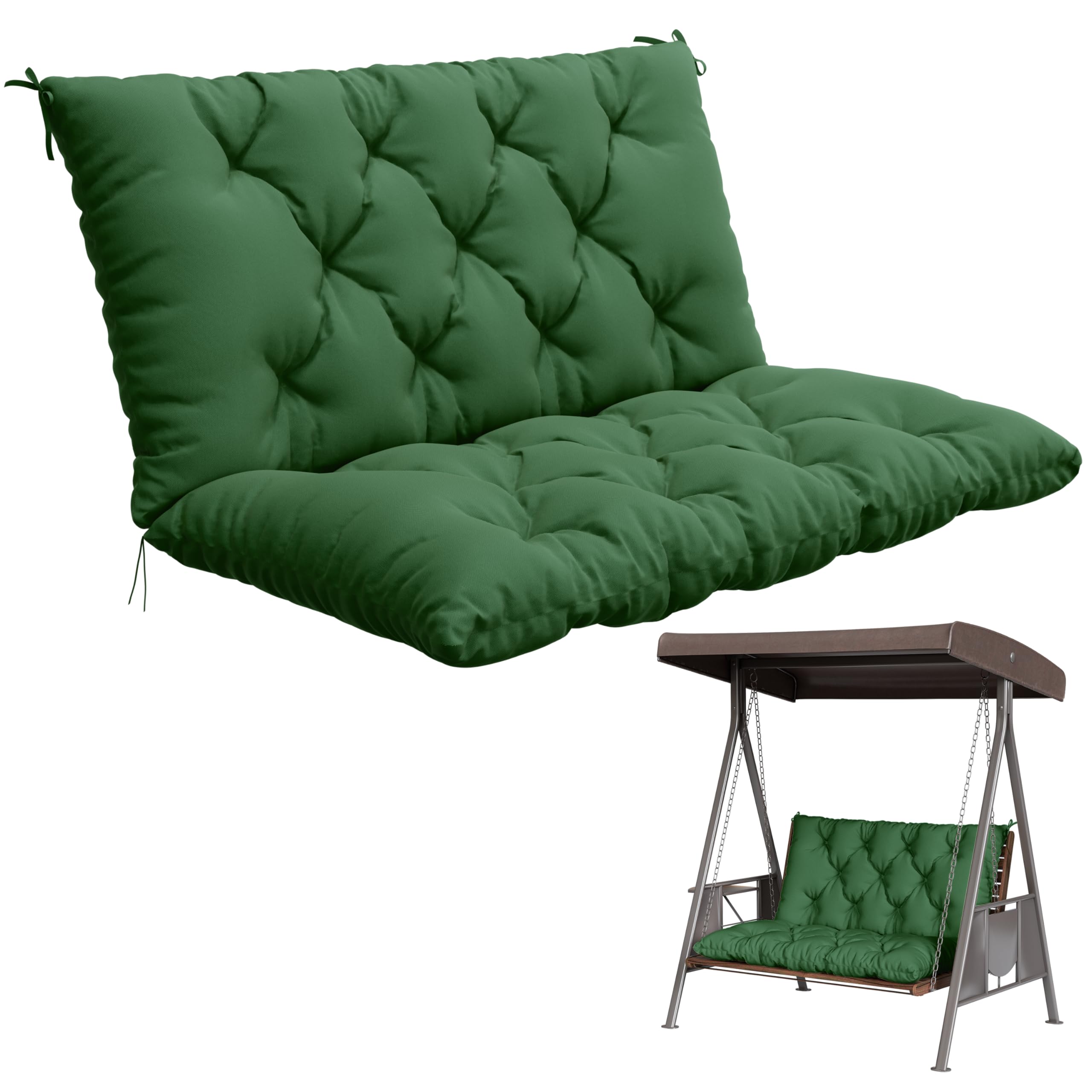 Photo 1 of **reference image**Porch Swing Cushion with Backrest,Waterproof Bench Cushion for Outdoor Furniture,2-3 Seater Replacement Thickened 5 in swing cushion,with Ties,Patio,Outdoor,Backyard and Garden (Green,40x40 in)