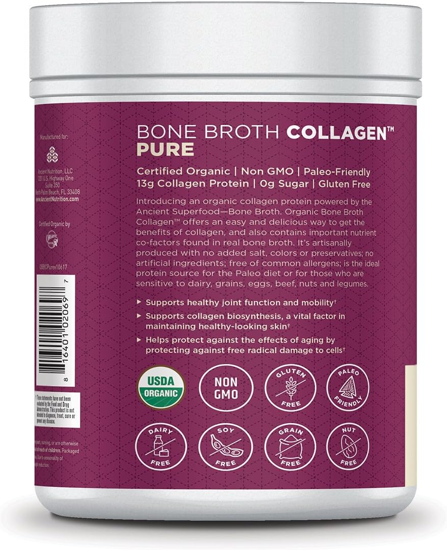 Amazon Com Ancient Nutrition Organic Bone Broth Collagen Organic Protein Powder Loaded With Bone Broth Co Factors 10g Of Type Ii Collagen Per Serving Pure Flavor 15 9 Oz Health Personal Care