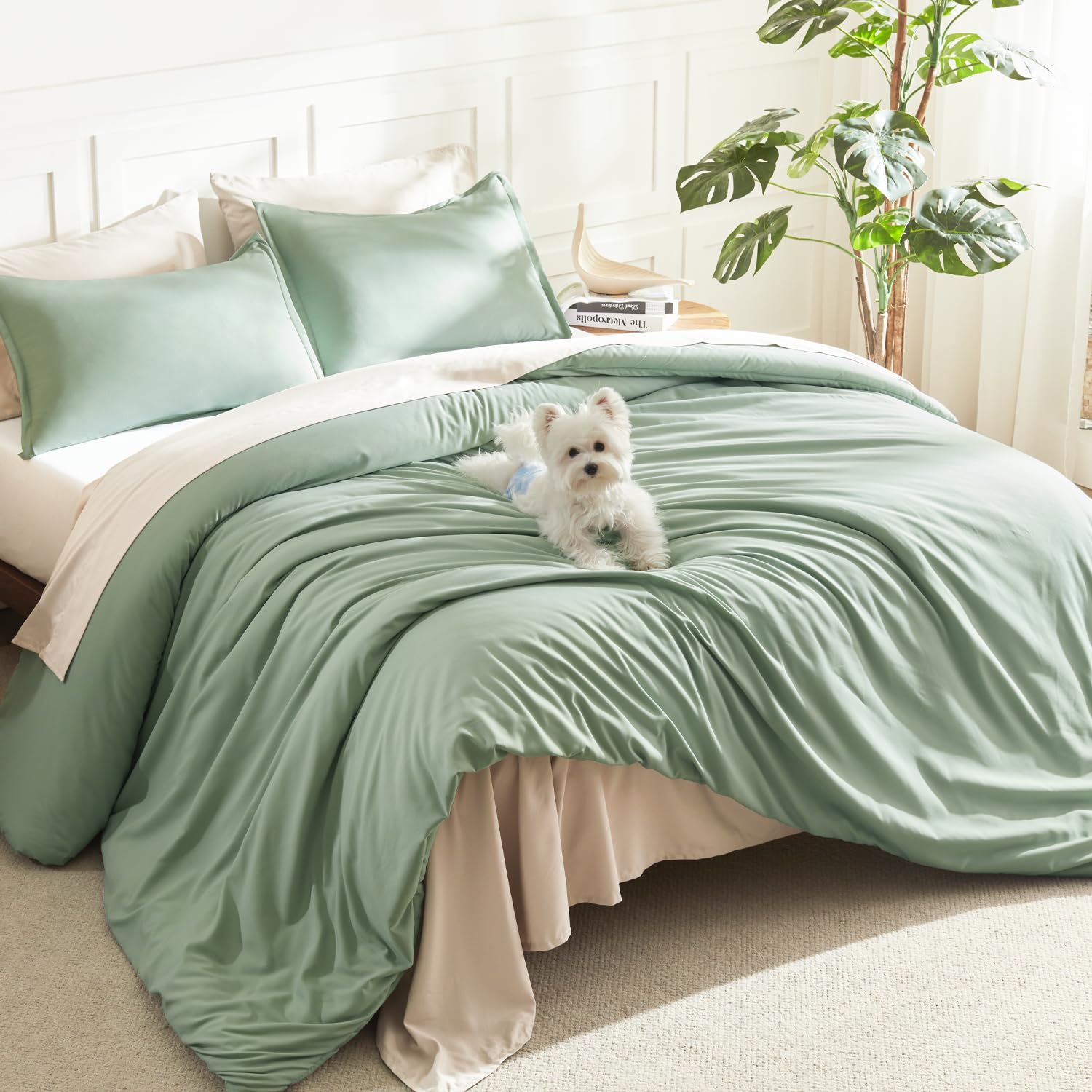 Photo 1 of Litanika Comforter Set, Lightweight Solid Bedding Comforter Set, Fluffy Down Alternative Bed Set, Sage Green, Full