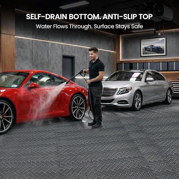 GARAGE FLOOR TILES INTERLOCKING GARAGE FLOORING TILES PACK OF 48 ANTISLIP OIL AND STAIN RESISTANT FOR GARAGES SHOP FLOORS BASEMENTS 40000 LBS LOAD CAPACITY (BLACK, 10 INCH X 10 INCH, NON DRAIN TILES)