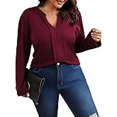 Angelips Women's Plus Size Tops V Neck Pleated Front Shirts Trendy Casual Business Tunic Long Sleeves Fall Blouse