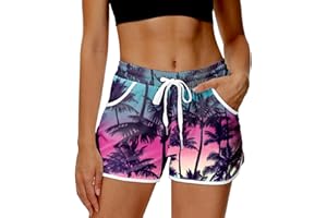 Deerose Women 4th of July Board Shorts Hawaiian Tropical Print Beach Swim Shorts with Pockets