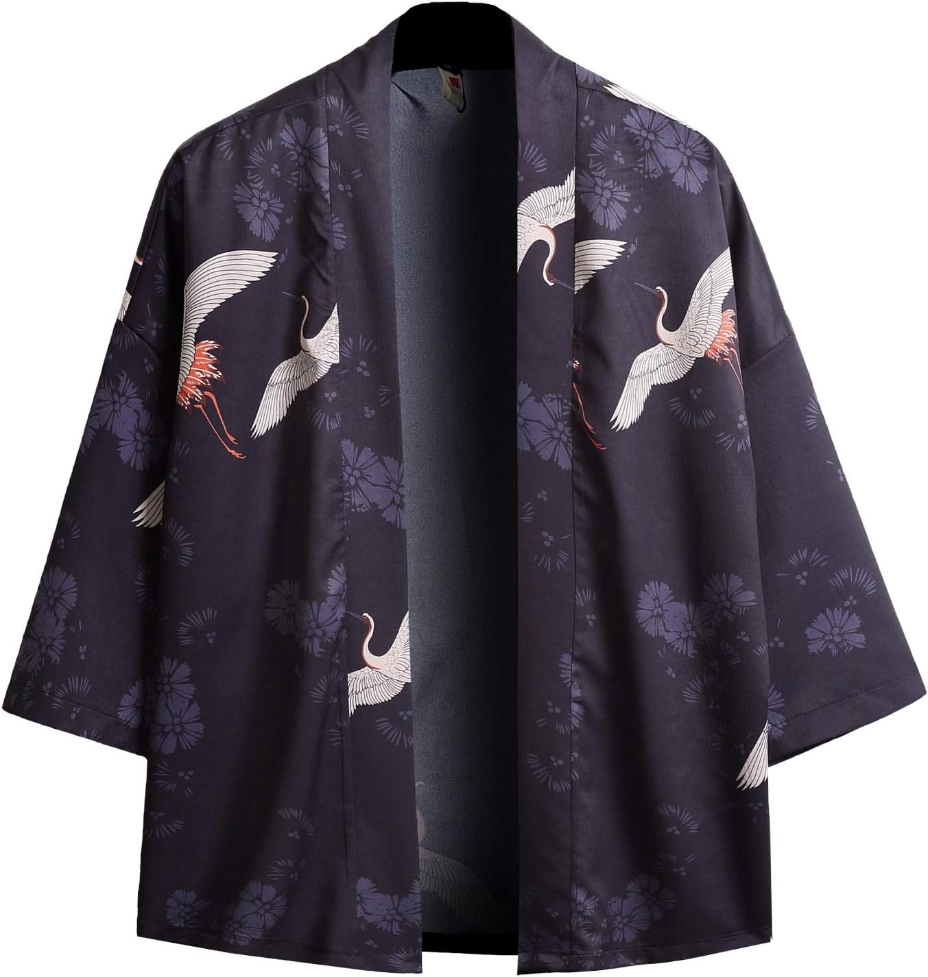 PRIJOUHE Men's Kimono Cardigan Jacket Japanese Style Flying Crane Seven Sleeves Open Front Coat Navy