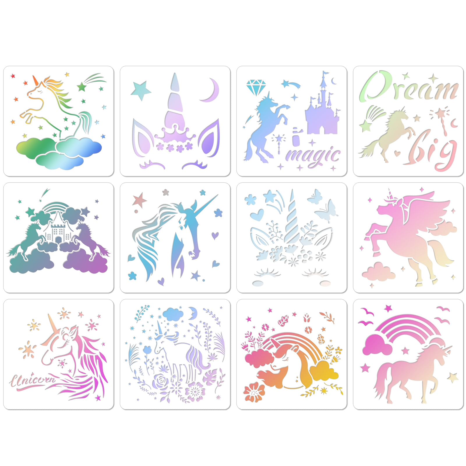 MWOOT 12 Pieces Unicorn Stencils Set for Painting, DIY Drawing Plastic Template, Reusable Pattern Crafts Stencils for Floor Wall Notebook Canvas Fabric Furniture Decor (20x20cm)