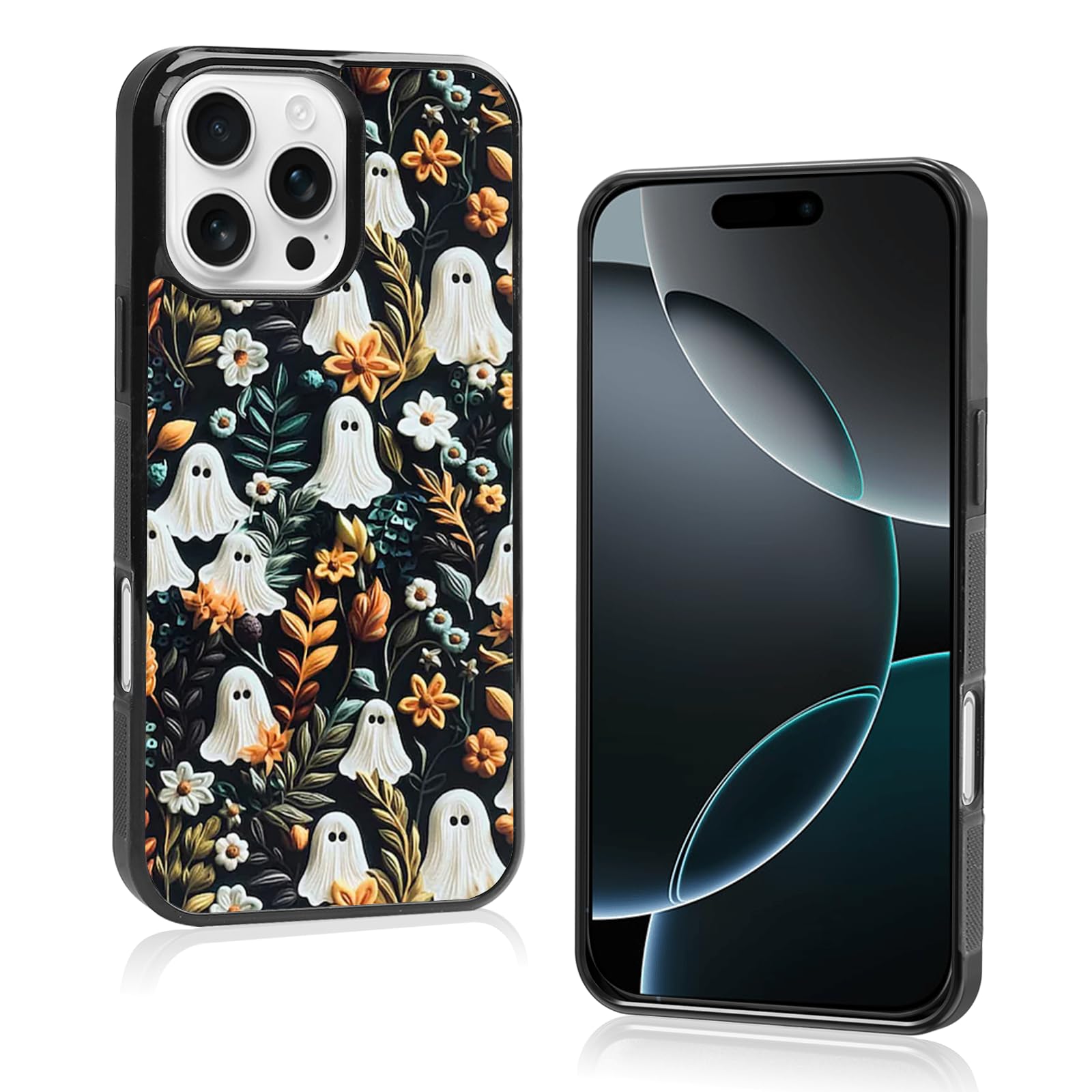 Photo 1 of Cute Small Spooky Halloween Ghost Phone Case, Flower Ghost iPhone 16 Pro Max Case, Non-Slip Pattern Design, Soft Silica Gel Frame Support Phone Case for Teen Girls and Boys, Women and Men