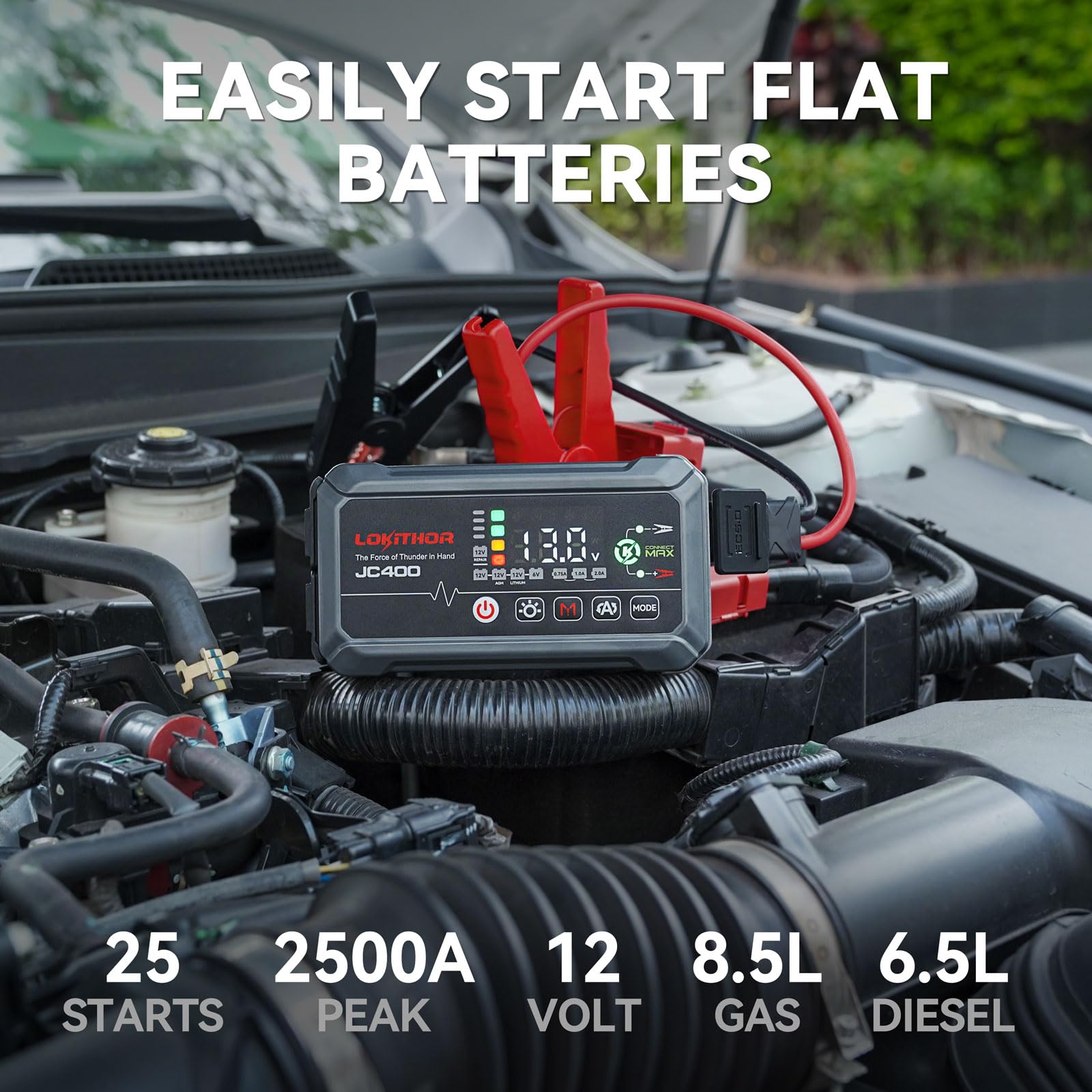 LOKITHOR JC400 9-in-1 Jump Starter and Battery Charger, 2500A 12V Portable Jump Box for Upto 8.5L Gas/6.5L Diesel, 750mA/1A/2A, 6V/12V Automotive Battery Maintainer, Trickle Charger and Desulfator