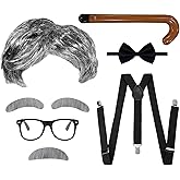 LUNINGLA 7 Pcs Old Man Costume Set, Old Man Wig Inflatable Cane Glasses Bow Tie Suspenders Mustache Set for Themed Parties Performance Accessories