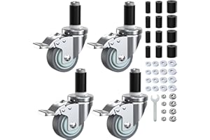 HOLKIE Caster Wheels Locking 3 Inch Expanding Stem Casters, Threaded Swivel Casters Set of 4 Heavy Duty Castors, Fit 1", 1-1/4", 1-2/5", 1-1/2",1-5/8" ID Stainless Steel Table, Cart, Furniture Legs
