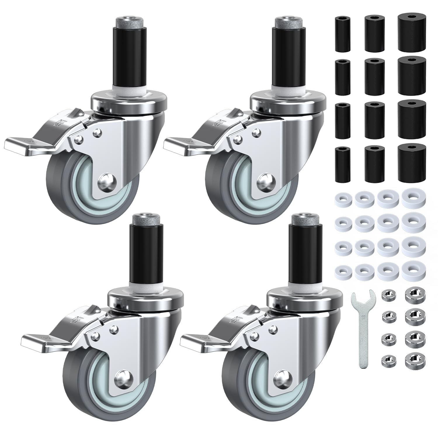 Photo 1 of HOLKIE Caster Wheels Locking 3 Inch Expanding Stem Casters, Threaded Swivel Casters Set of 4 Heavy Duty Castors, Fit 1", 1-1/4", 1-2/5", 1-1/2",1-5/8" ID Stainless Steel Table, Cart, Furniture Legs