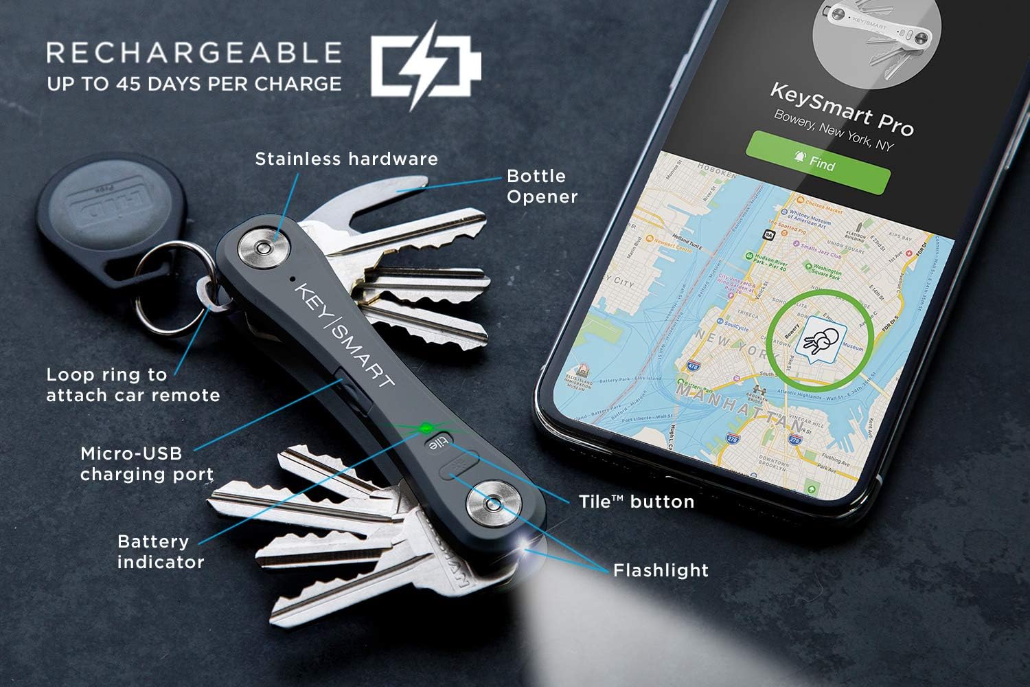 KeySmart Pro - Key Holder w LED & Tile Smart Technology (up to 10 Keys, Slate): Office Products